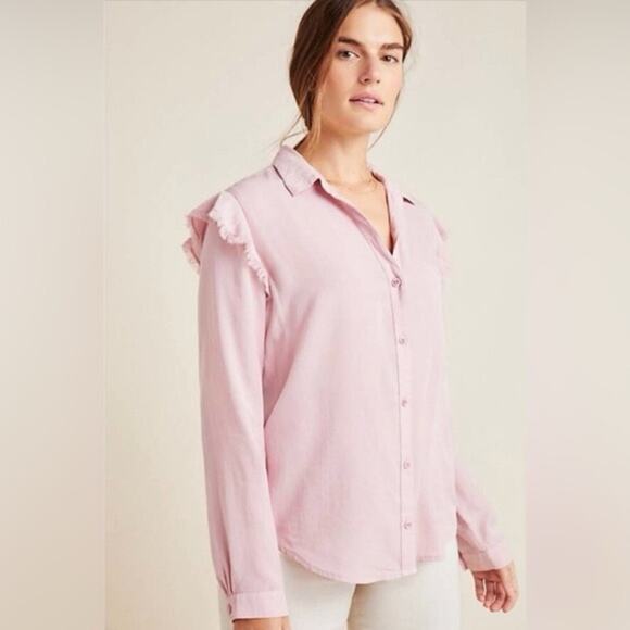 Anthropologie | Women’s Cloth & Stone Ruffled Shoulder Button Front Shirt Top L - Picture 2 of 9